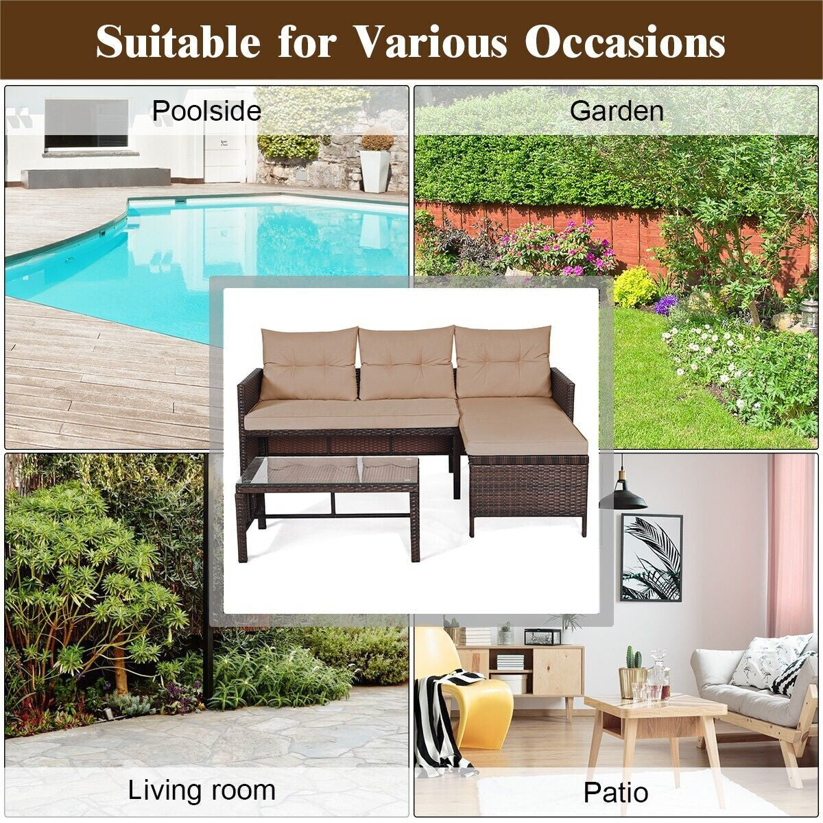 COSTWAY 3PCS Patio Sectional Sofa Set Outdoor Conversation Bistro Set W/Cushion