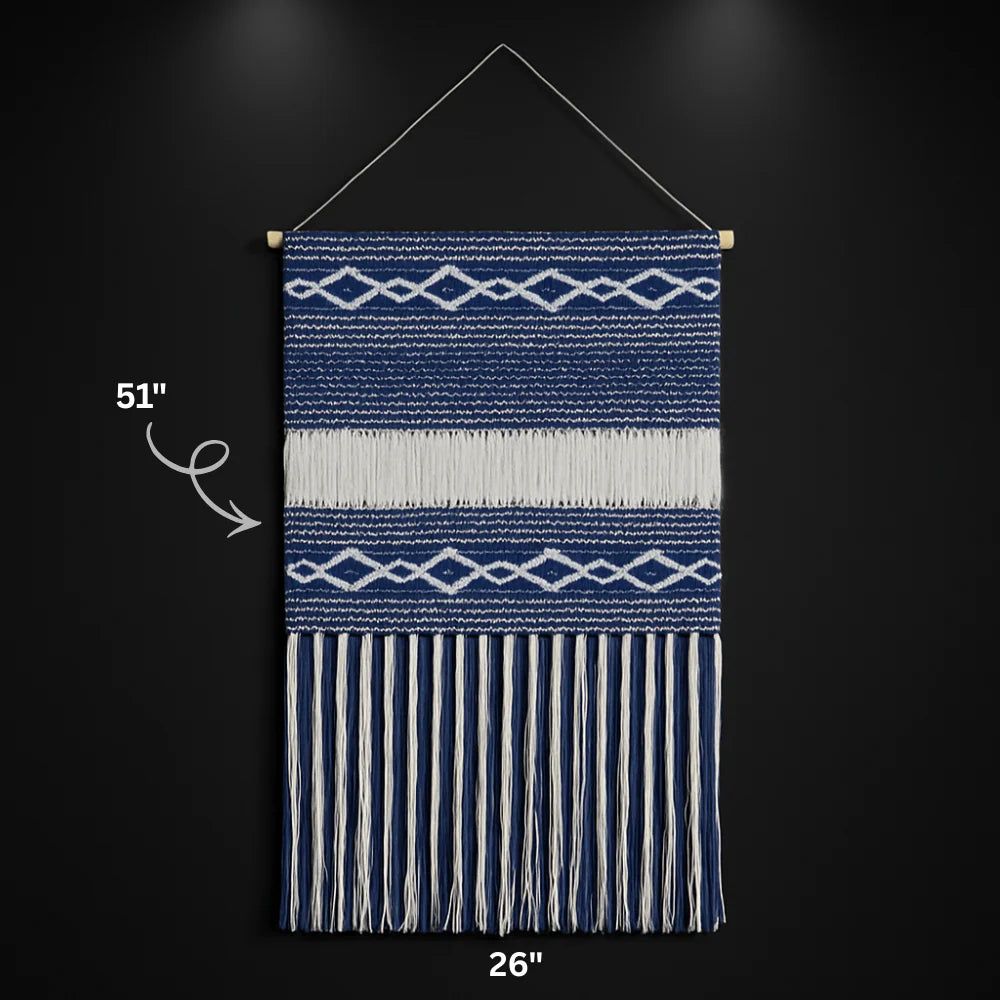 Denim Blue & White Macrame Tapestry, Geometric Woven Wall Hanging,