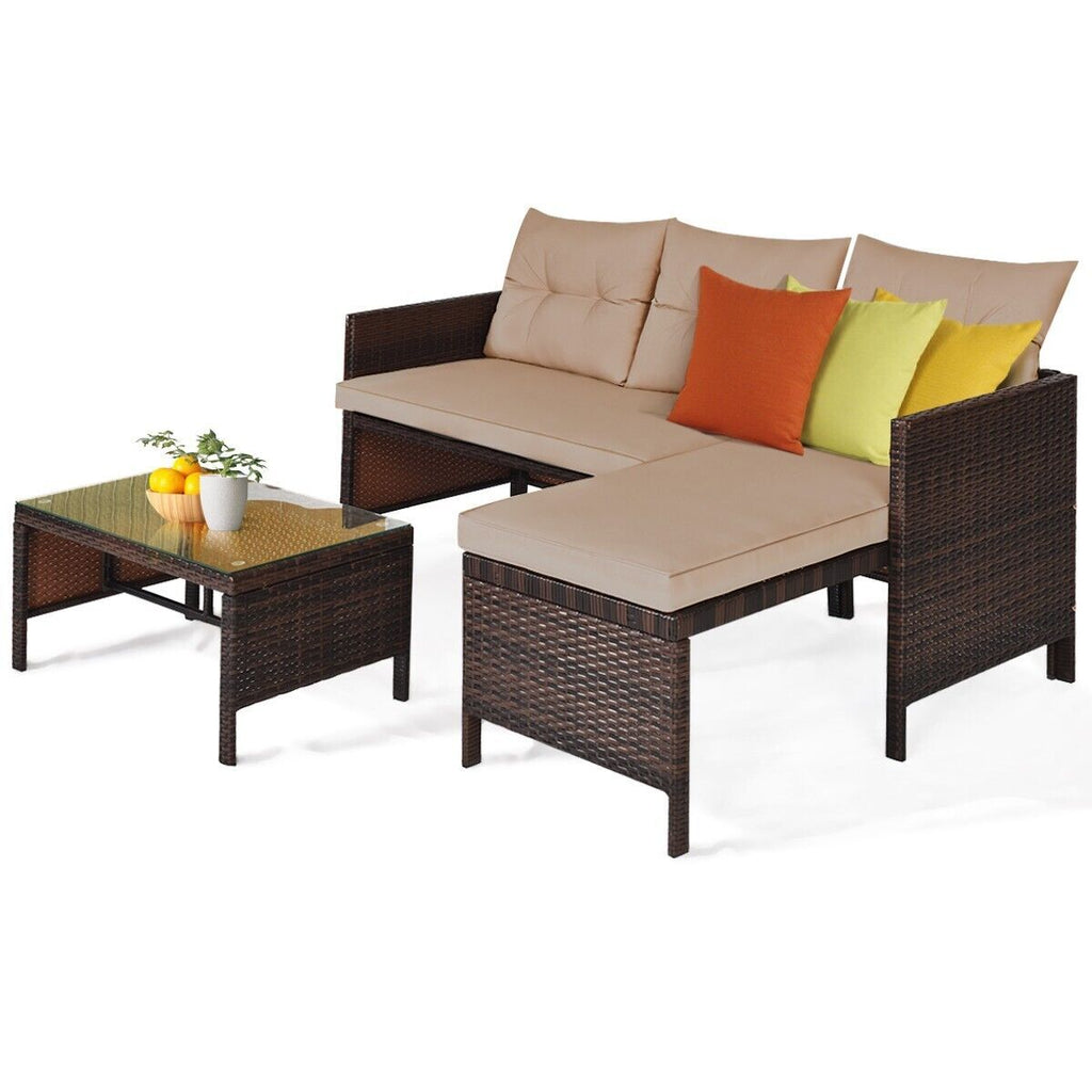 COSTWAY 3PCS Patio Sectional Sofa Set Outdoor Conversation Bistro Set W/Cushion