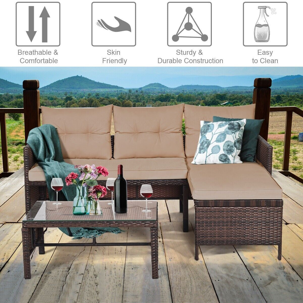COSTWAY 3PCS Patio Sectional Sofa Set Outdoor Conversation Bistro Set W/Cushion