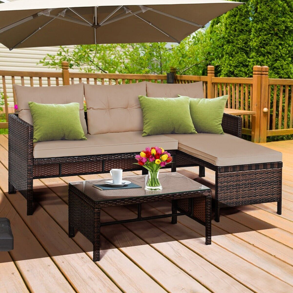 COSTWAY 3PCS Patio Sectional Sofa Set Outdoor Conversation Bistro Set W/Cushion