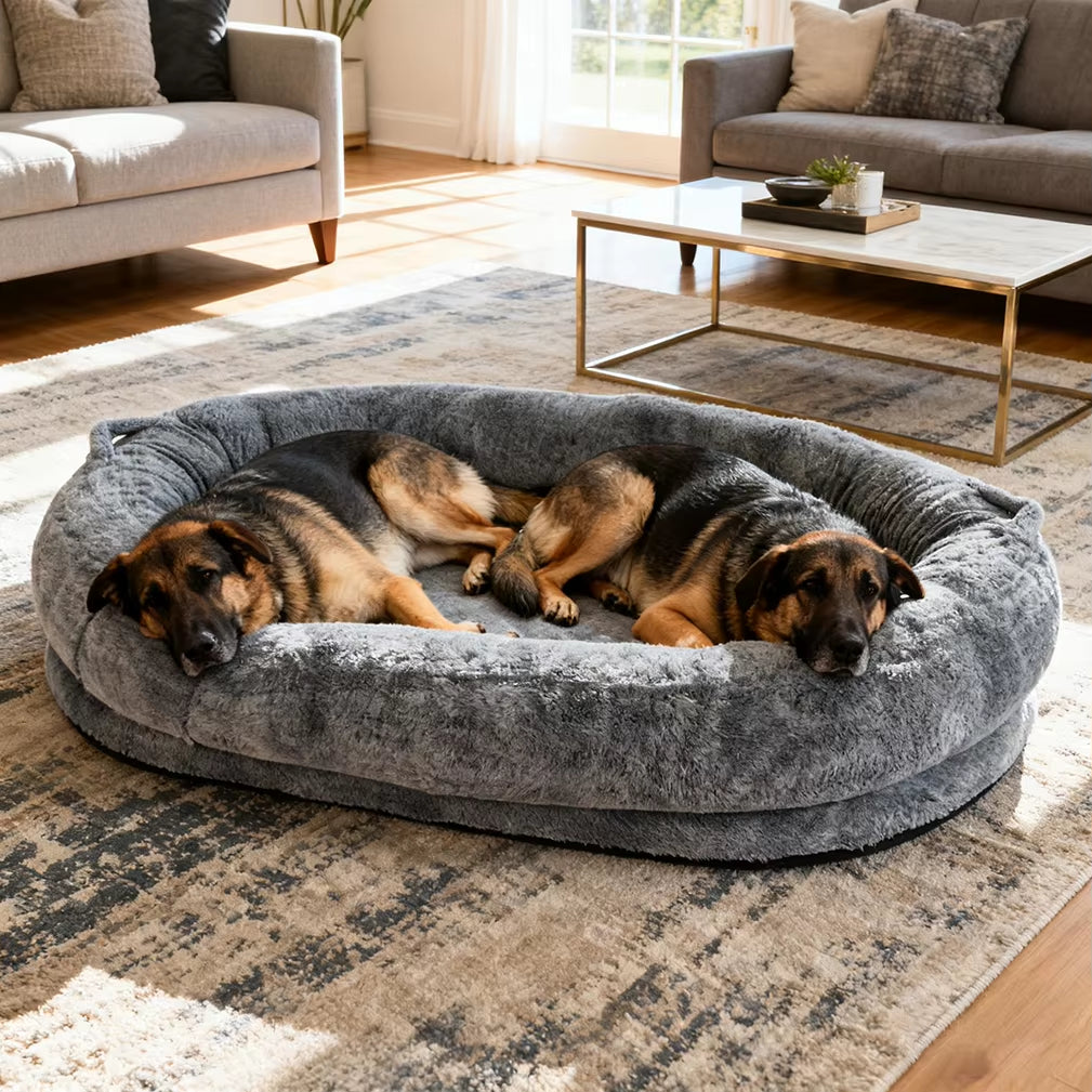 Luxury Large Human Sized Dog Bed Giant Soft Fur Beanbag Calming Mattress Thermal Pet Dog Napping Bed with Cozy Blanket Washable