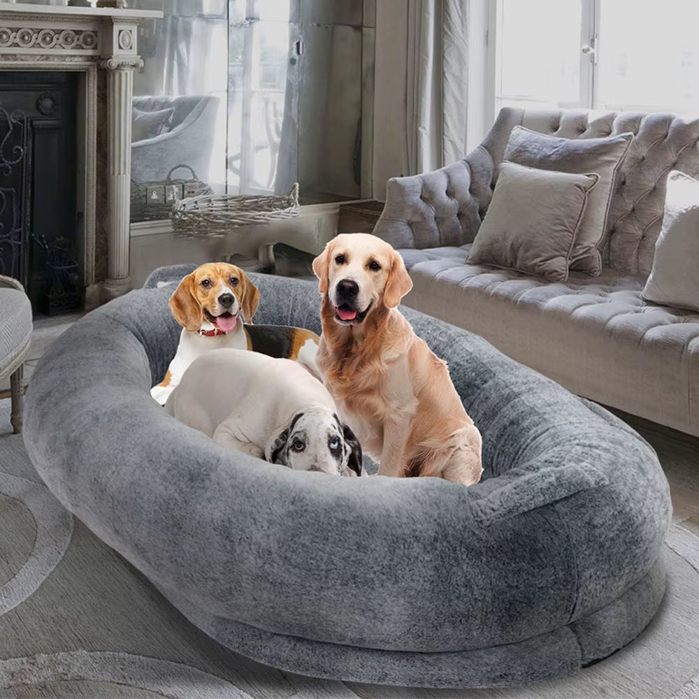 Luxury Large Human Sized Dog Bed Giant Soft Fur Beanbag Calming Mattress Thermal Pet Dog Napping Bed with Cozy Blanket Washable