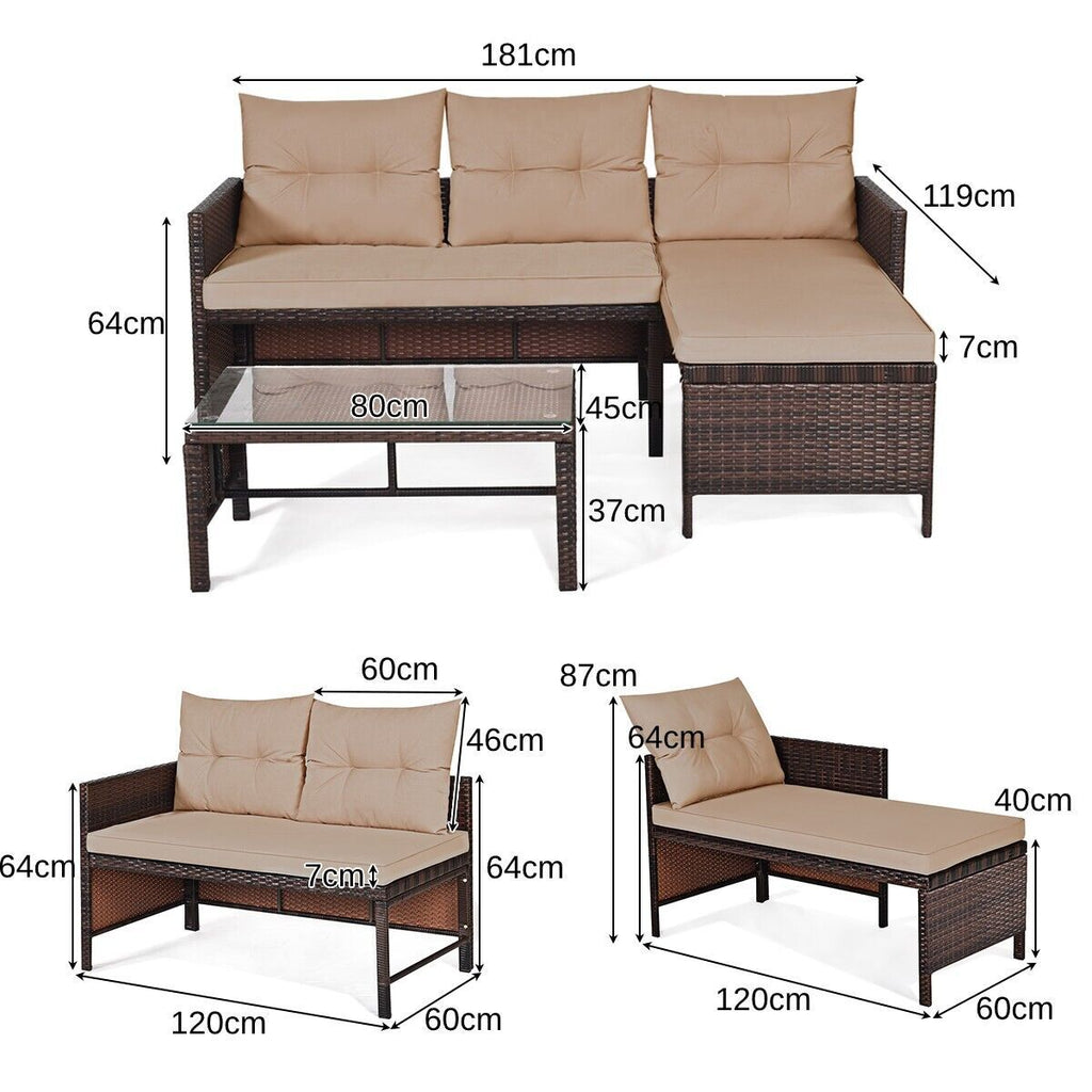 COSTWAY 3PCS Patio Sectional Sofa Set Outdoor Conversation Bistro Set W/Cushion