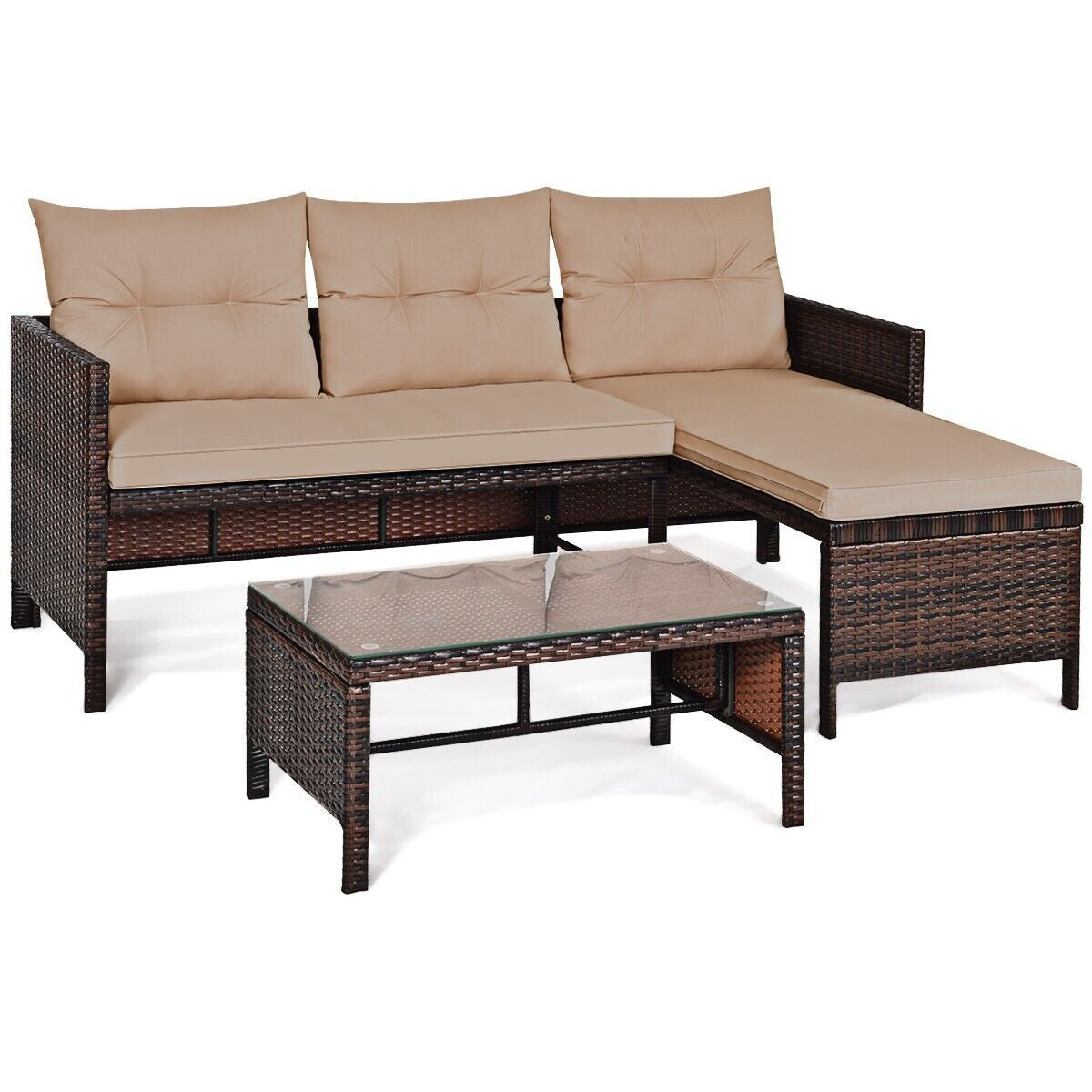 COSTWAY 3PCS Patio Sectional Sofa Set Outdoor Conversation Bistro Set W/Cushion