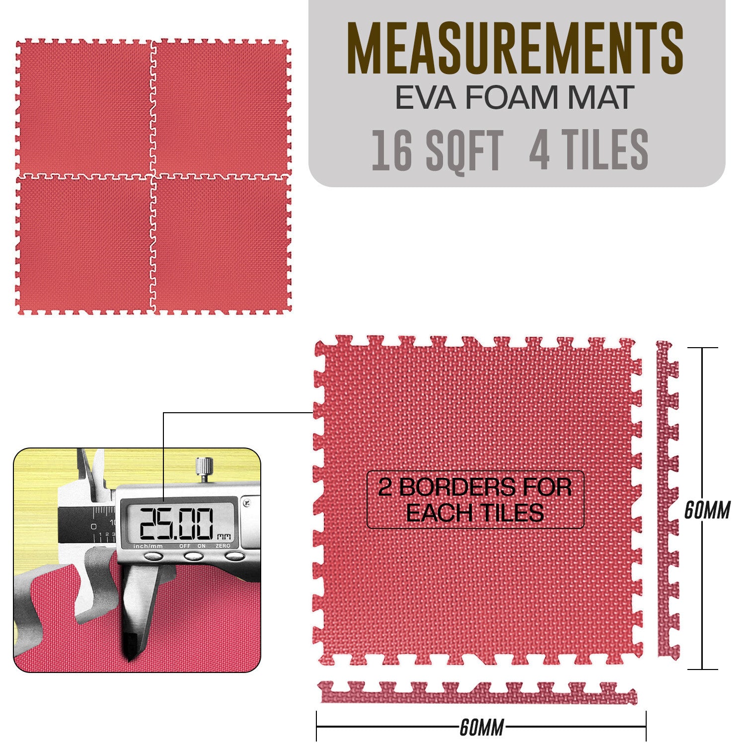 EVA INTERLOCKING FLOOR MATS SOFT FOAM GYM FLOORING MAT YOGA TILES 25 MM 60X60Cm