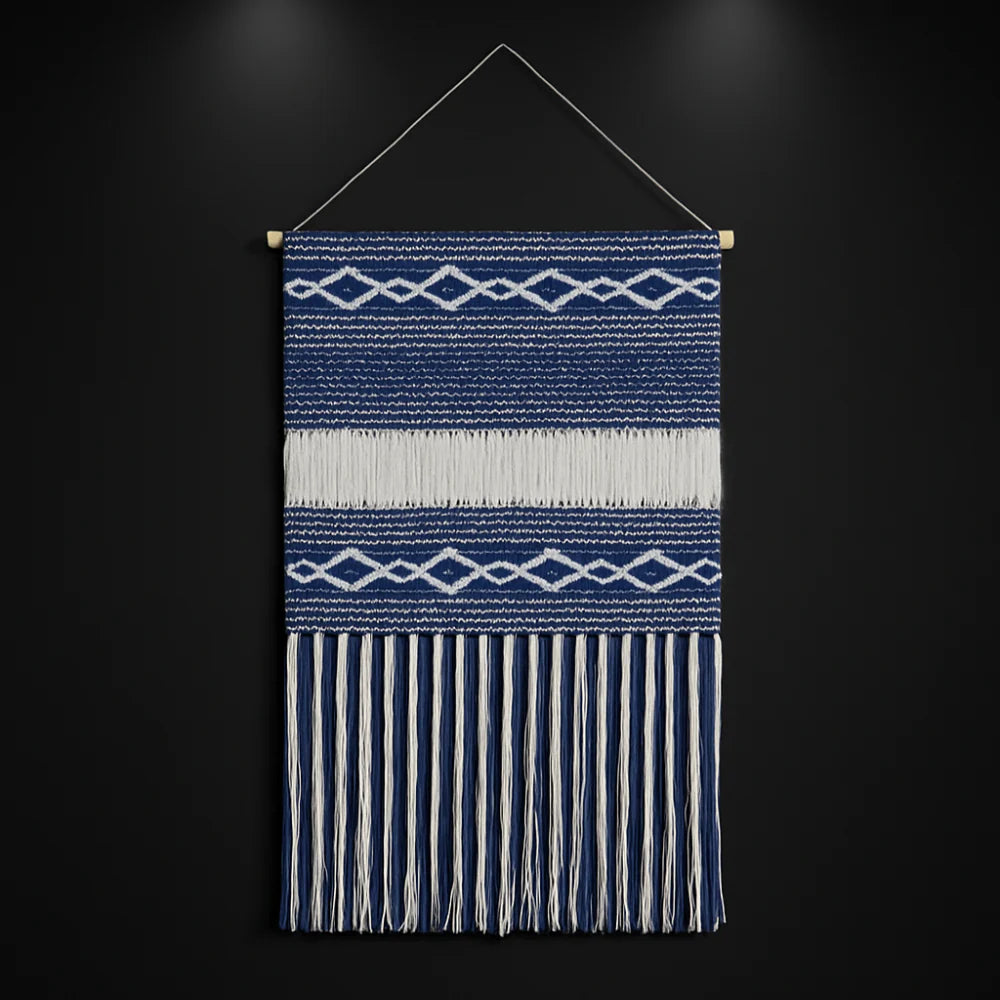 Denim Blue & White Macrame Tapestry, Geometric Woven Wall Hanging,