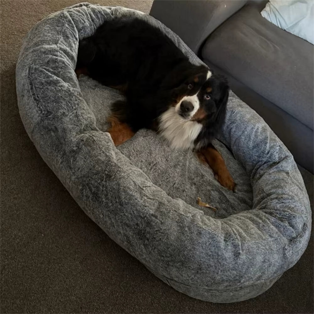 Luxury Large Human Sized Dog Bed Giant Soft Fur Beanbag Calming Mattress Thermal Pet Dog Napping Bed with Cozy Blanket Washable