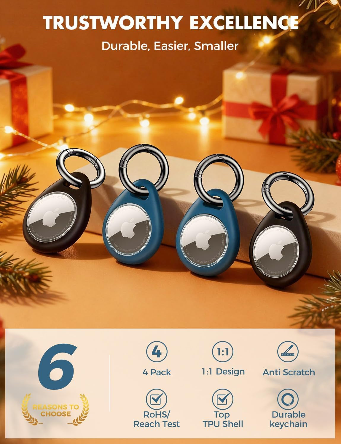 360° Protective Case for Airtag, [4-Pack] Airtags Keyring Holder, Scratch-Resistant, Lock Design, Keychain for Airtag, TPU Full Cover Case for Key, Bag, Luggage, Pet Collar (Black&Blue)