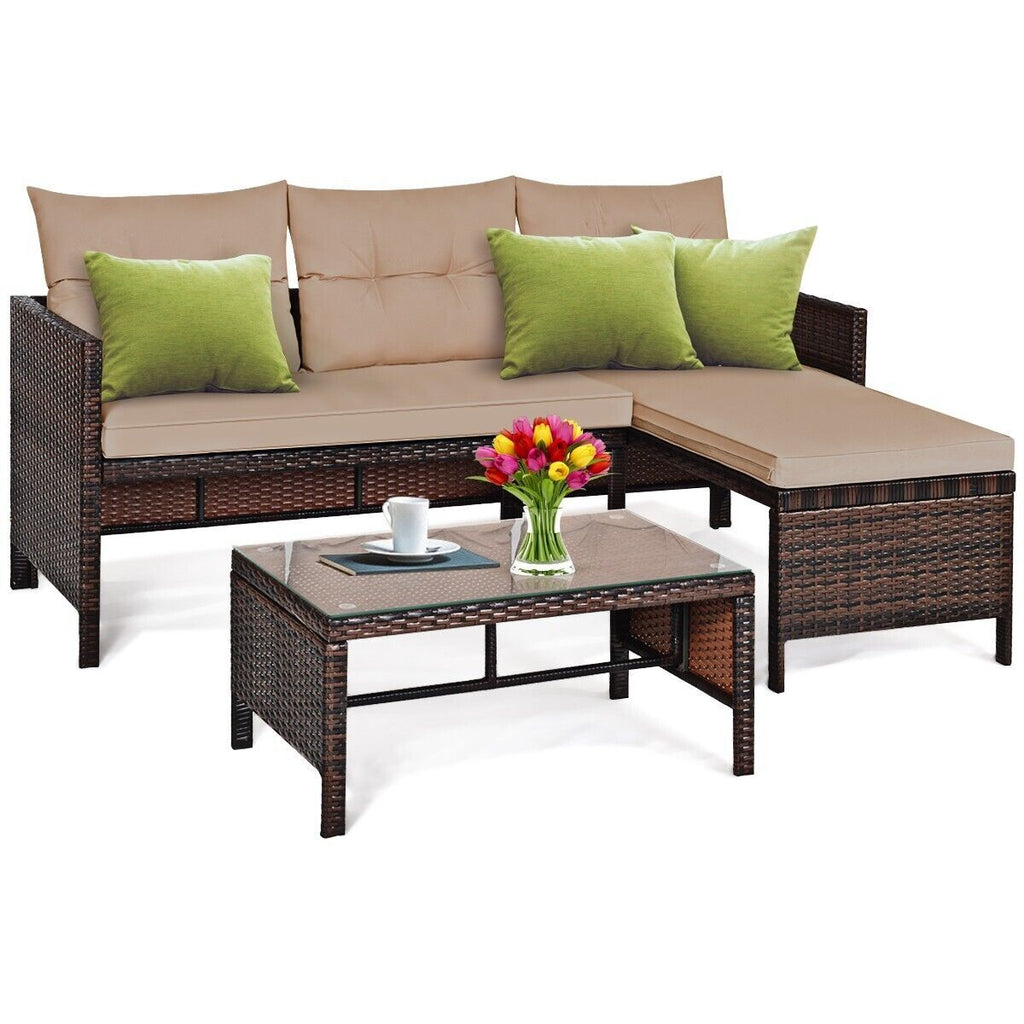 COSTWAY 3PCS Patio Sectional Sofa Set Outdoor Conversation Bistro Set W/Cushion
